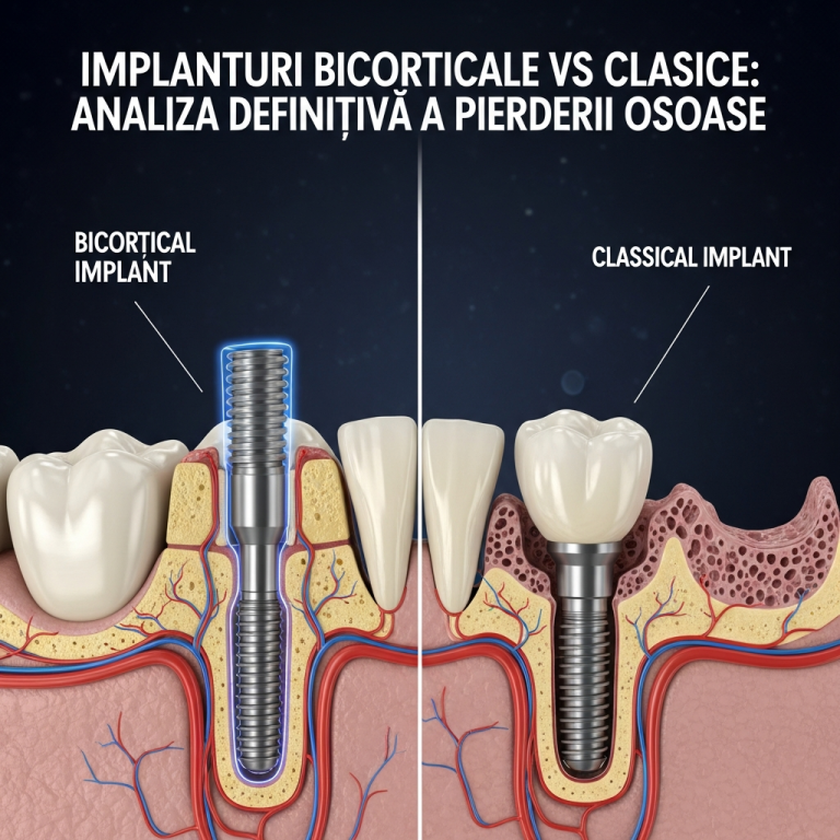 Illustration of Implanturi bicorticale vs clasice: Analiza Definitivă a Pierderii Osoase