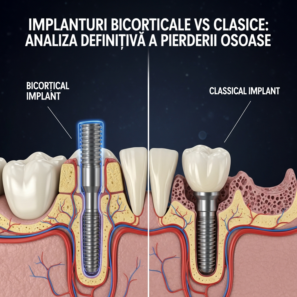 Illustration of Implanturi bicorticale vs clasice: Analiza Definitivă a Pierderii Osoase