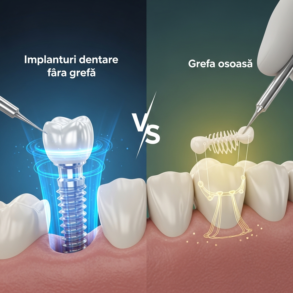 Illustration of Implanturi dentare fără grefă: Soluția Revoluționară și Eficientă vs Grefa osoasă