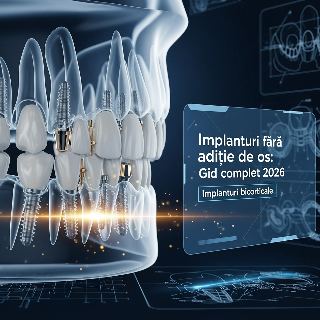 Implanturi bicorticale fără adiție de os, ilustrare schematică 2026.
