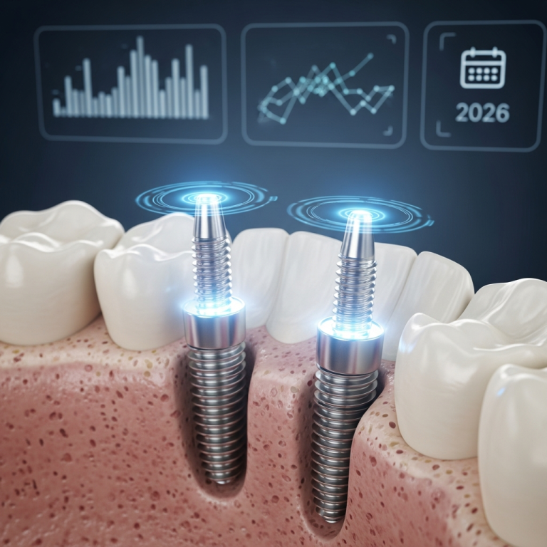 A dental implant secured through both layers of jawbone.